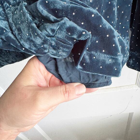 Something Navy Studded Velvet Shirt Jacket Dark Teal Small Silver Studs NWT XS - Picture 8 of 14